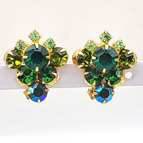 Gorgeous Vintage Austrian Green AB Rhinestone Brooch Pin an Earrings Set, - Picture 4 of 7